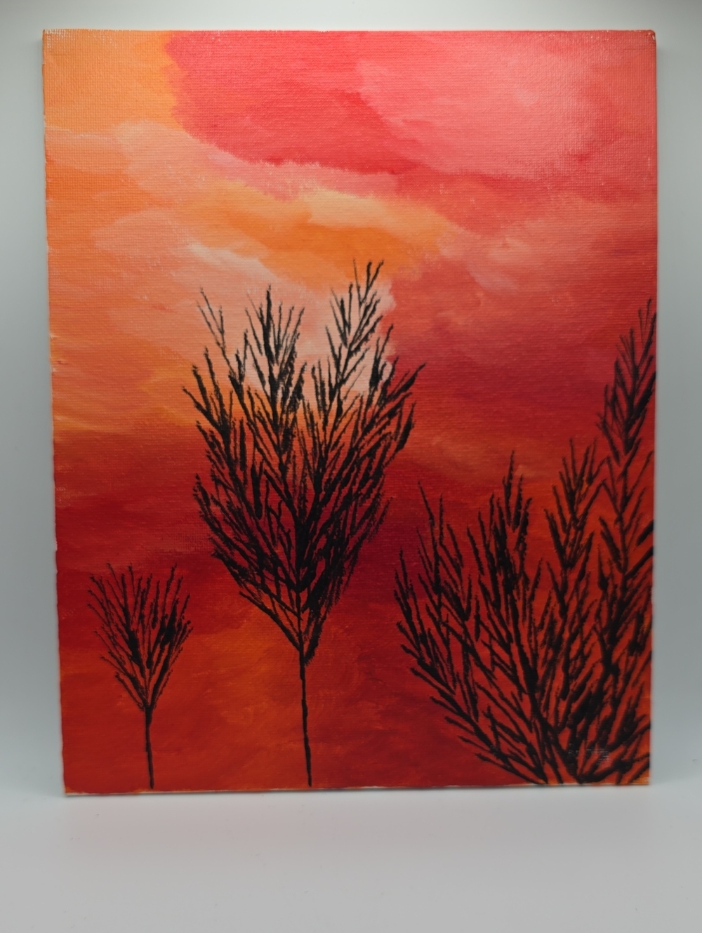 Hand Painted - Sunset Tree Silhouette Canvas Wall Art - Red Orange Black